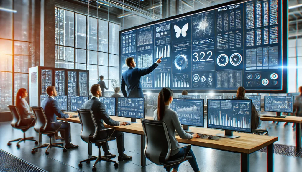 DALL·E 2025-02-28 11.51.26 - A modern office environment where a team is analyzing data to optimize the performance of a service center. Large computer screens display graphs and