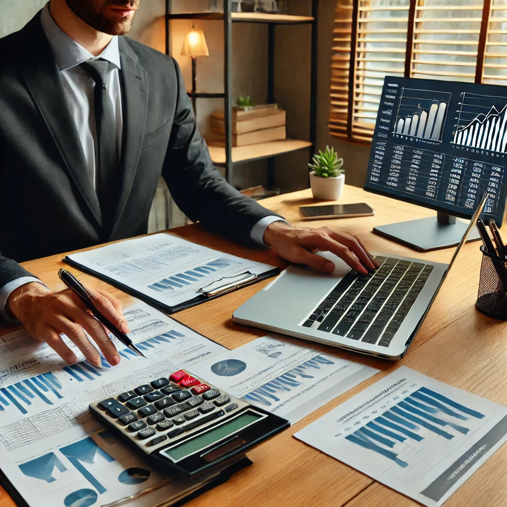 DALL·E 2025-02-28 11.57.25 - A professional accountant in a modern office analyzing financial graphs and tax documents on a laptop. The desk has a calculator, financial reports, a