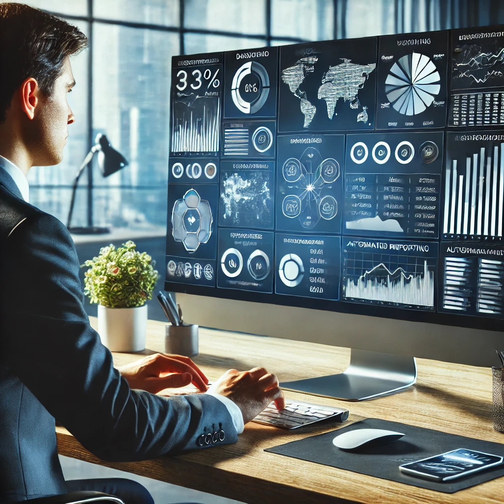 DALL·E 2025-02-28 11.58.16 - A consultant in a modern office using a computer with financial dashboards and automated reporting tools displayed on the screen. The setting includes