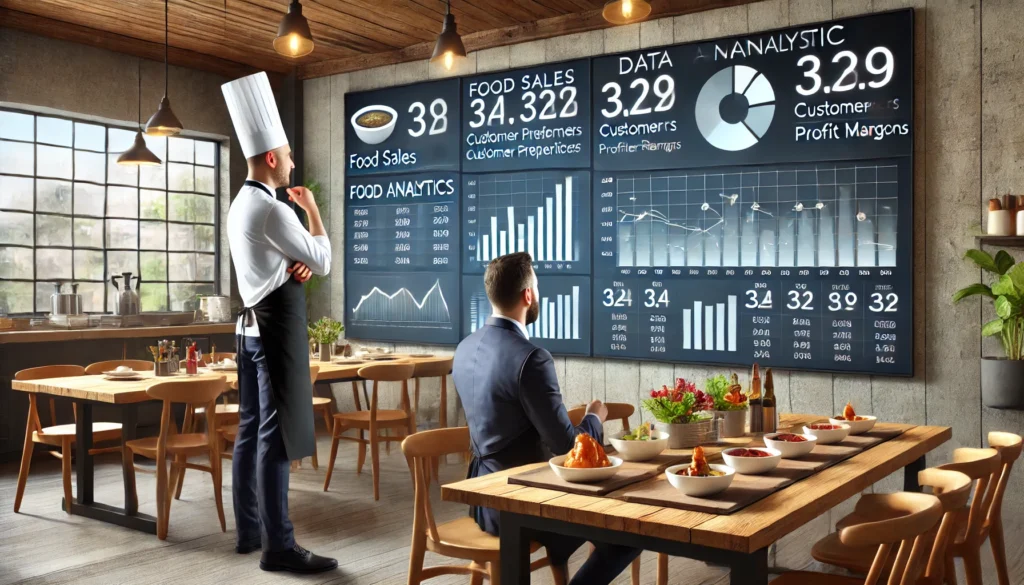 DALL·E 2025-02-28 12.05.04 - A modern restaurant with digital screens showing data analytics charts on food sales, customer preferences, and profit margins. A chef and a manager d