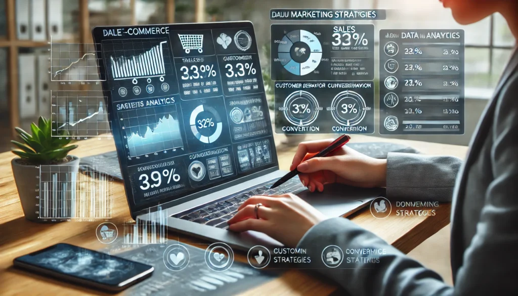 DALL·E 2025-02-28 12.11.12 - An e-commerce website dashboard displaying real-time data analytics on sales, customer behavior, and conversion rates. A data analyst adjusting market