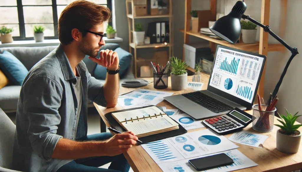 DALL·E 2025-02-28 12.15.15 - A freelance consultant working from a home office, managing a micro-enterprise. A laptop screen displays financial reports and business analytics, whi