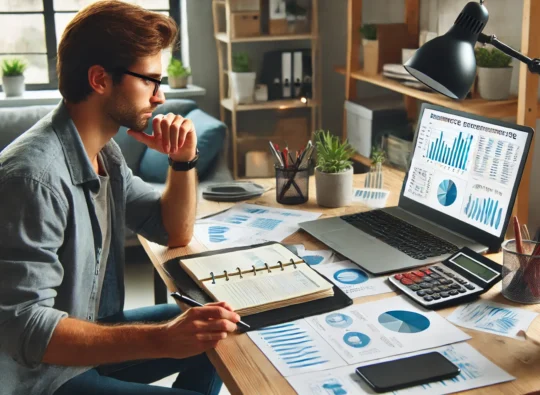DALL·E 2025-02-28 12.15.15 – A freelance consultant working from a home office, managing a micro-enterprise. A laptop screen displays financial reports and business analytics, whi