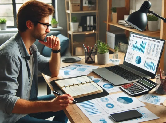 DALL·E 2025-02-28 12.15.15 – A freelance consultant working from a home office, managing a micro-enterprise. A laptop screen displays financial reports and business analytics, whi
