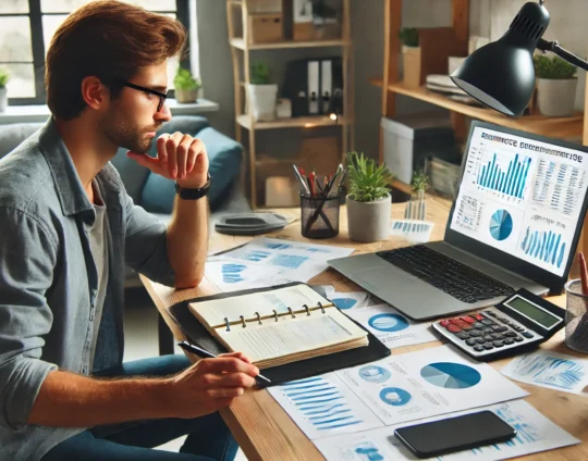 DALL·E 2025-02-28 12.15.15 – A freelance consultant working from a home office, managing a micro-enterprise. A laptop screen displays financial reports and business analytics, whi